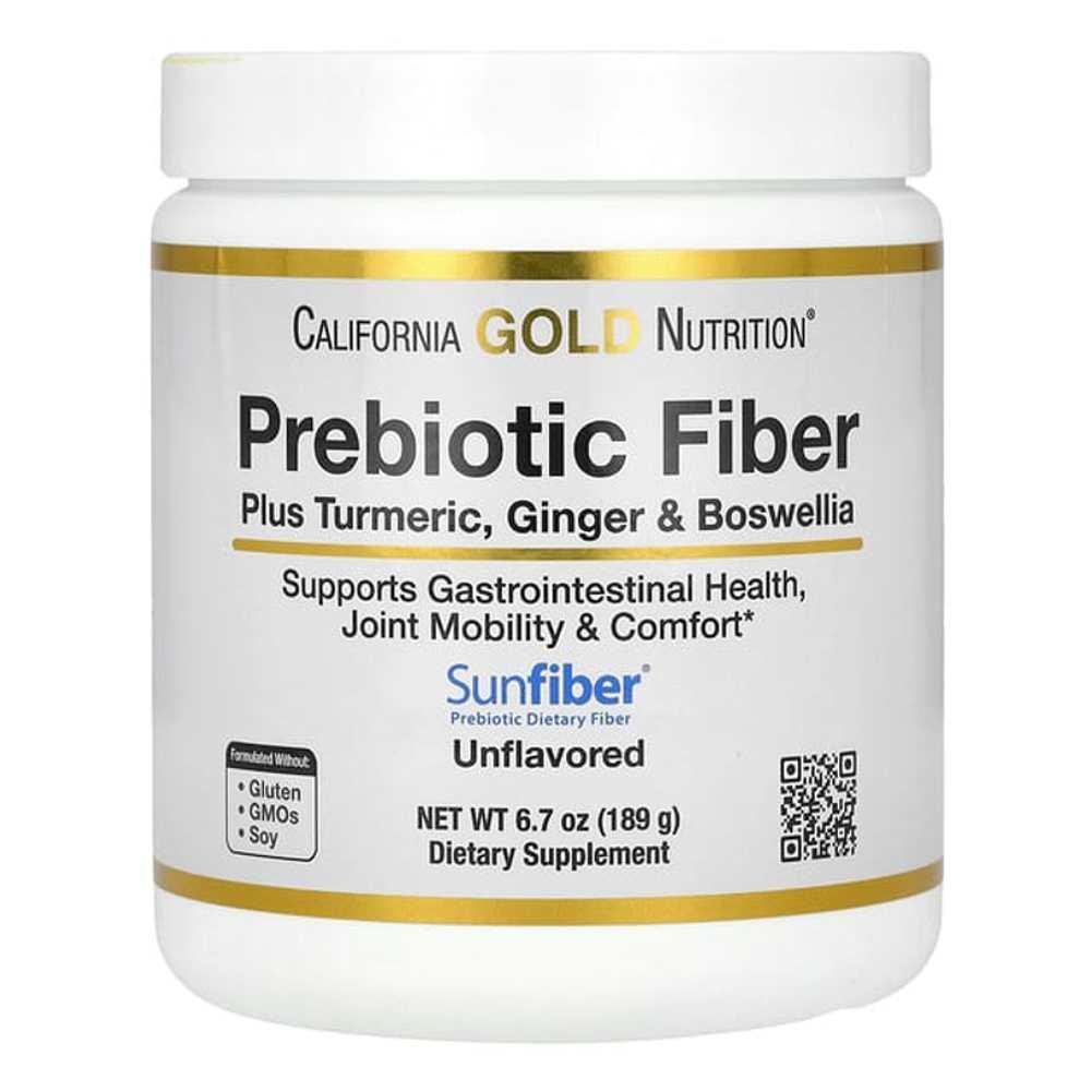 California Gold Nutrition Prebiotic Fiber Plus Turmeric, Ginger & Boswellia Supports Gastrointestinal Health, Joint Mobility & Comfort Unflavored Powder 189g