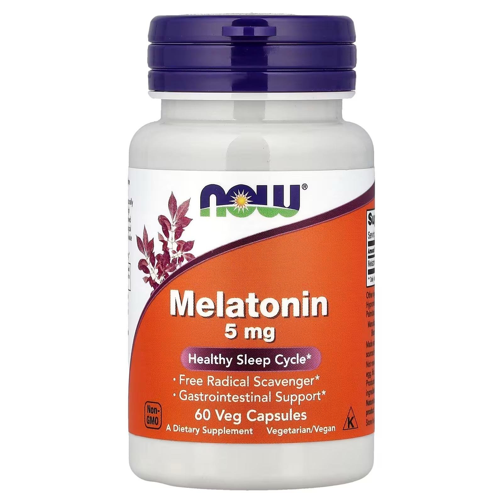 NOW Foods Melatonin 5 mg Free Radical Scavenger Gastrointestinal Support 60 Veg Capsules