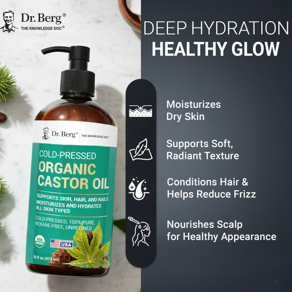 Dr Berg Organic Castor Oil – Cold-Pressed | Supports Skin Hair and Nails | 473ml