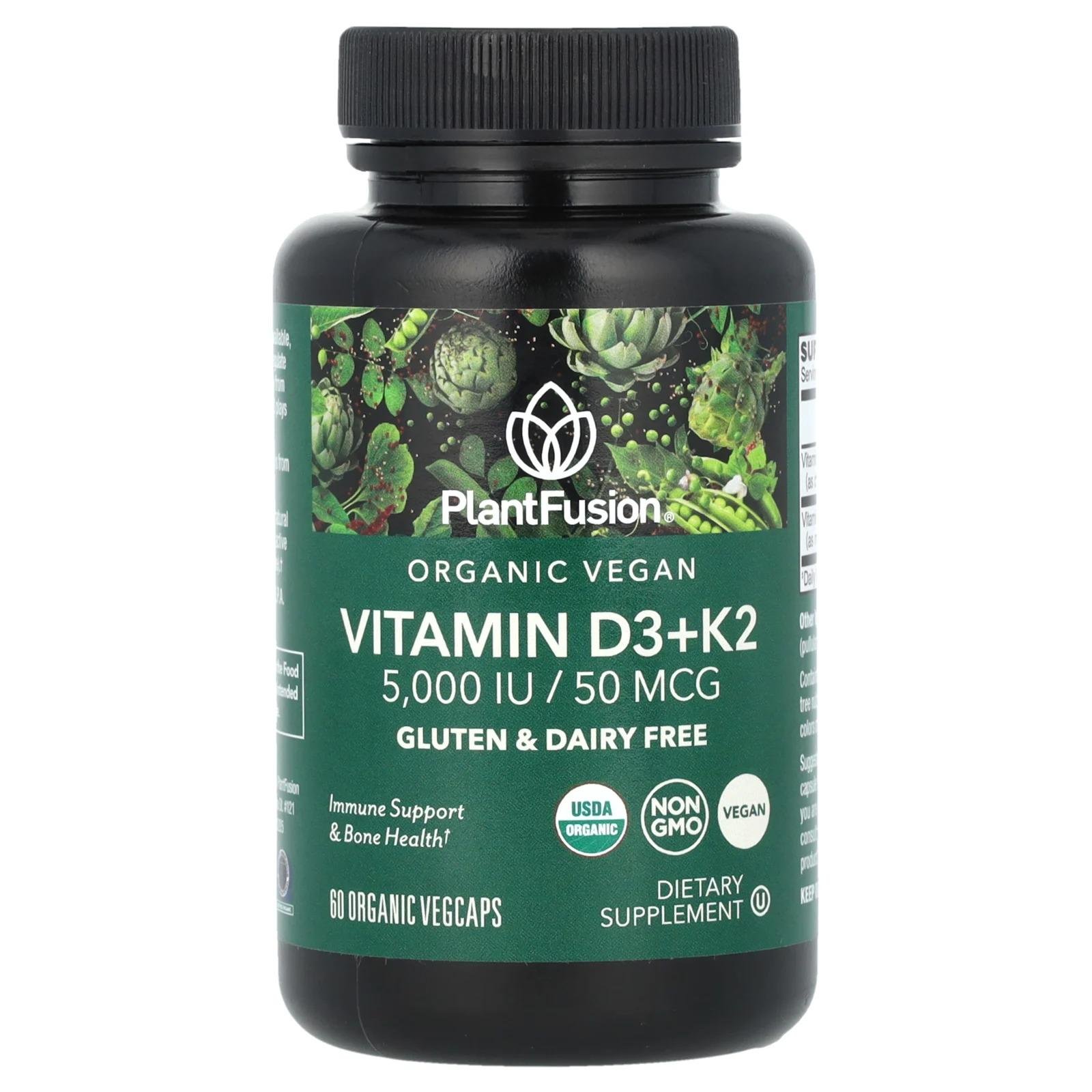 PlantFusion Organic Vegan Vitamin D3+ K2, 5,000 IU 50 mg 60 Capsules