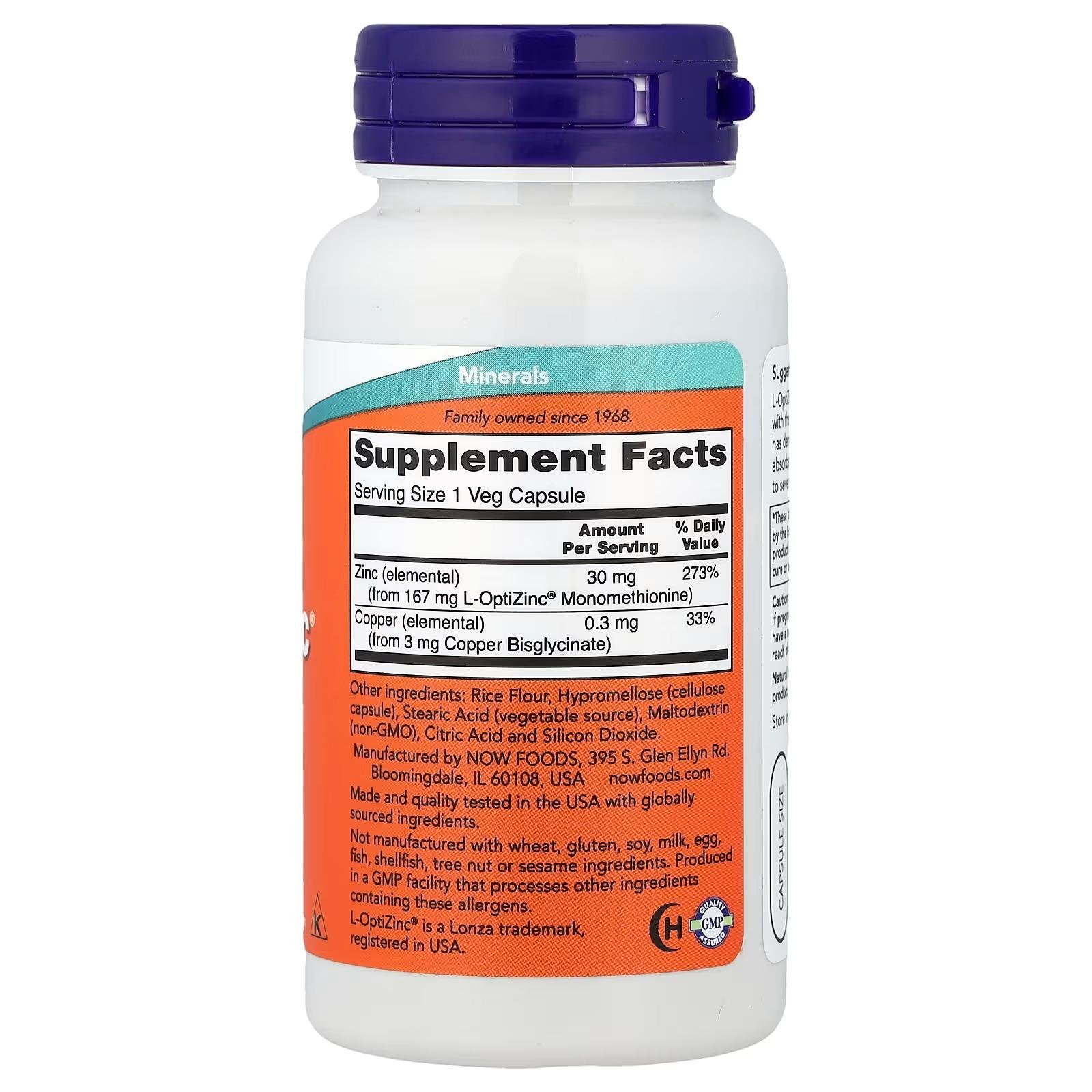 NOW Foods L-OptiZinc Highly Bioavailable Form 30 Mg 100 Veg Capsules thumbnail 2
