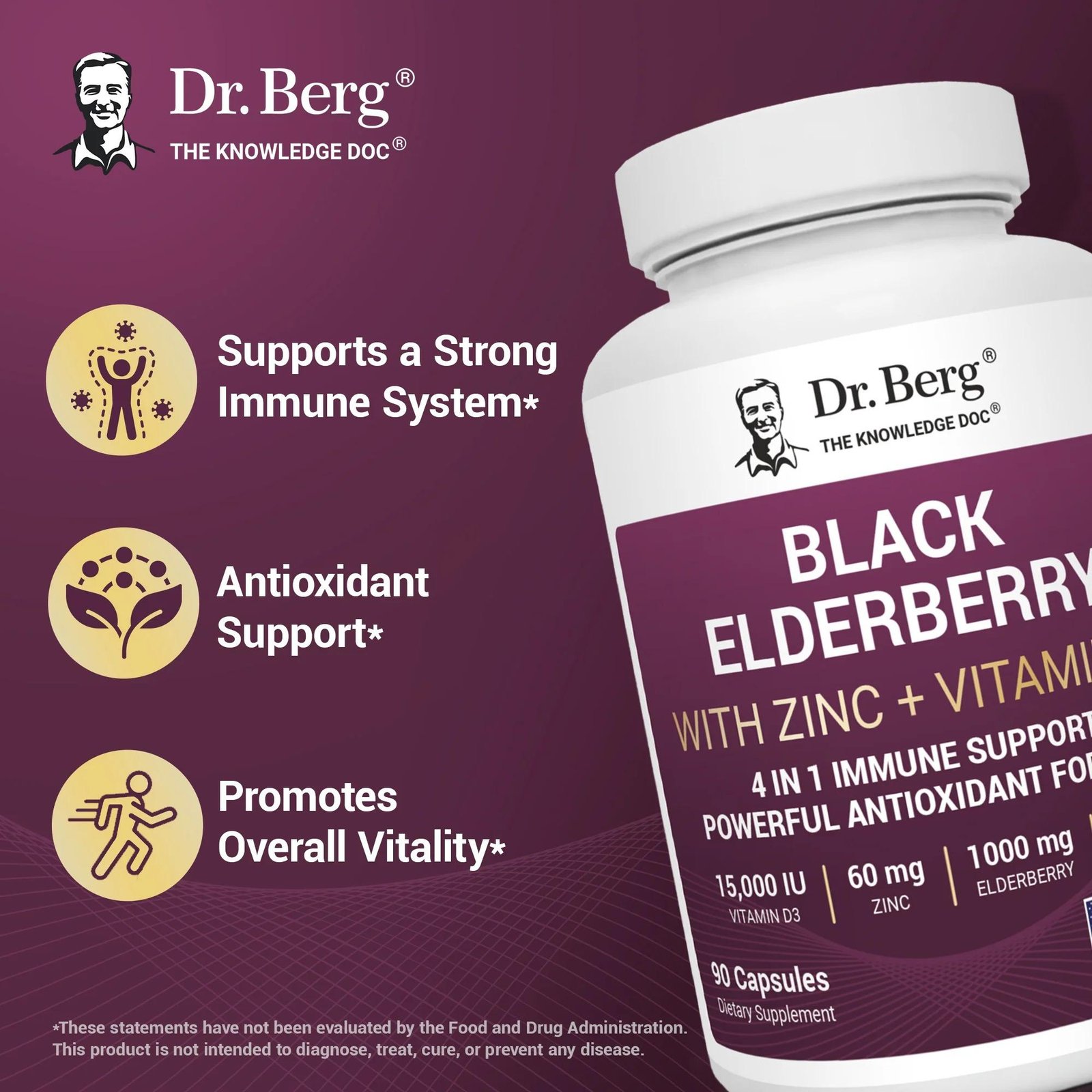 Dr Berg Black Elderberry with Vitamin D3 & Zinc | Immune Support – 90 Capsules thumbnail 4