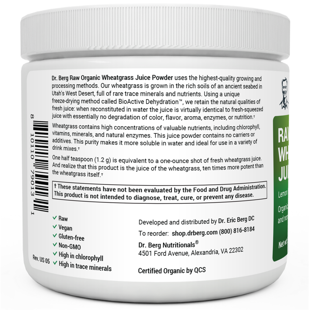 Dr Berg Raw Organic Wheatgrass Juice Powder Organic with Lemon Flavour - 164g thumbnail 3