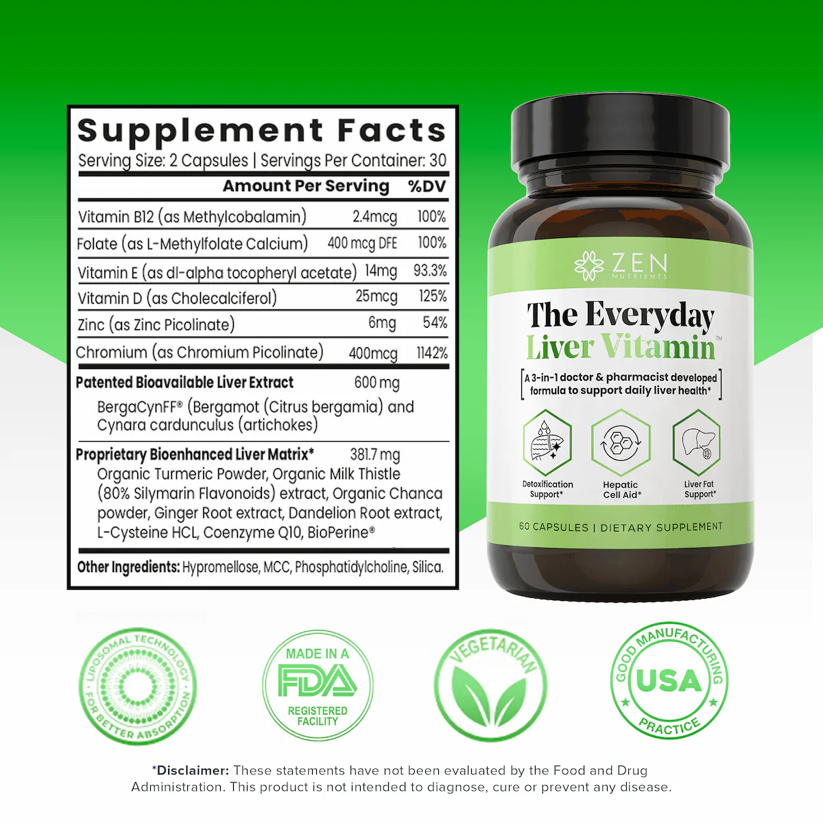 Zen Nutrients The Everyday Liver Vitamin - Liver Cleanse Detox 60 Capsules thumbnail 3