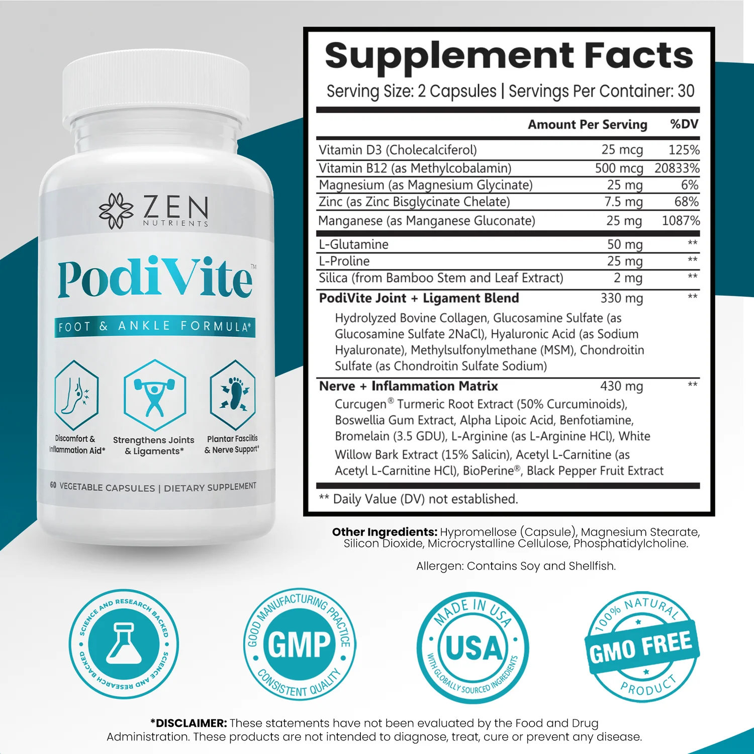 Zen Nutrients PodiVite Plantar Fasciitis Relief & Nerve Function 60 Capsules thumbnail 2