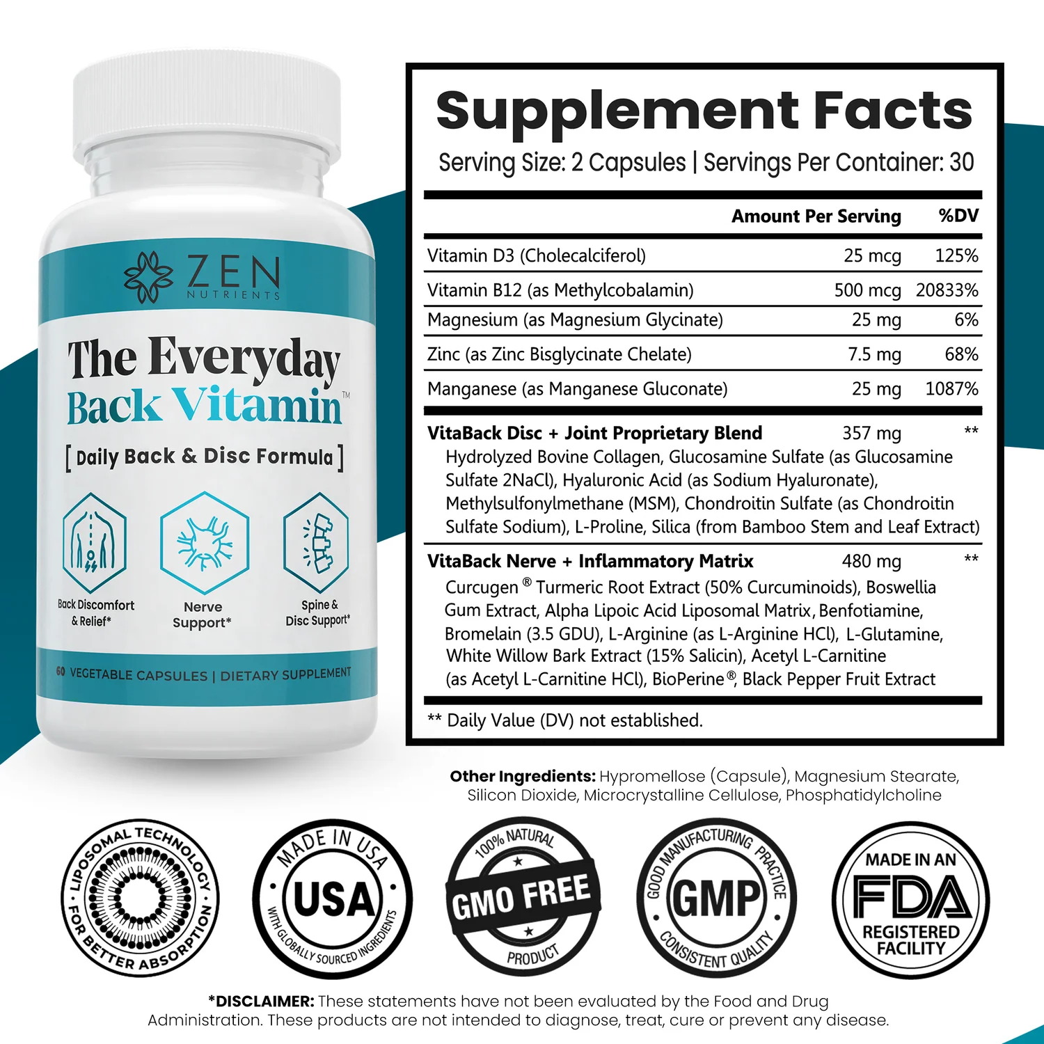 Zen Nutrients The Everyday Back Vitamin for Lower Back Relief & Nerve Function Support 60 Capsules thumbnail 3