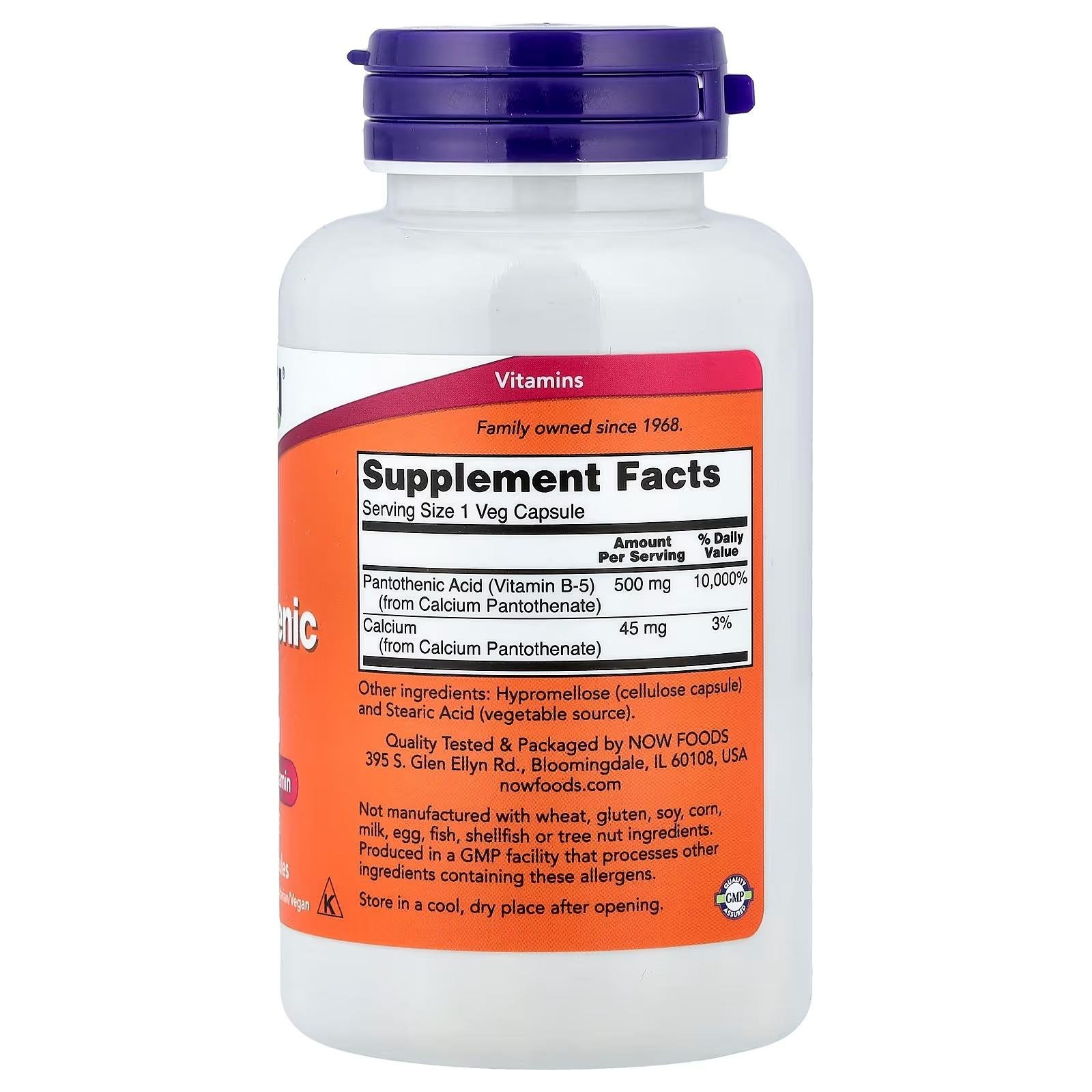 NOW Foods, Pantothenic Acid 500 mg B-Complex Vitamin Vitamin B-5 100 Veg Capsules thumbnail 2