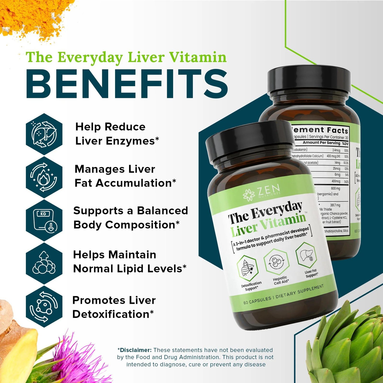 Zen Nutrients The Everyday Liver Vitamin - Liver Cleanse Detox 60 Capsules thumbnail 2