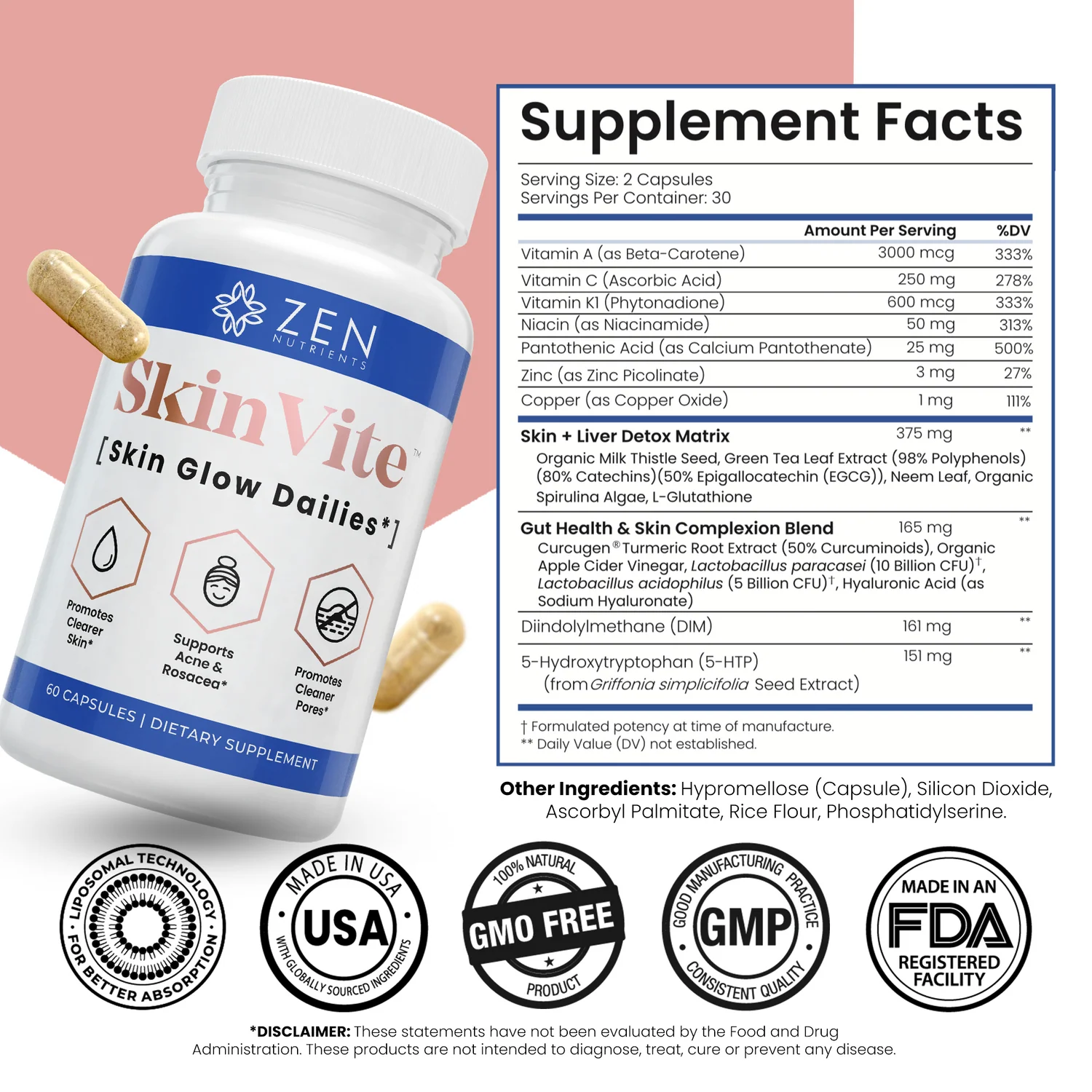 Zen Nutrients SkinVite Hormonal Breakouts & Clear Skin Support 60 Capsules thumbnail 2