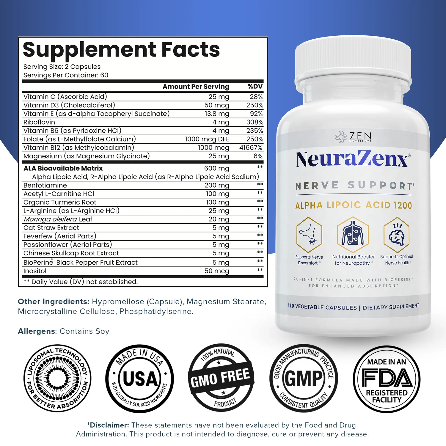 Zen Nutrients 1200mg Alpha Lipoic Acid R Matrix + Benfotiamine + B Complex Nerve Support 120 Capsules thumbnail 3