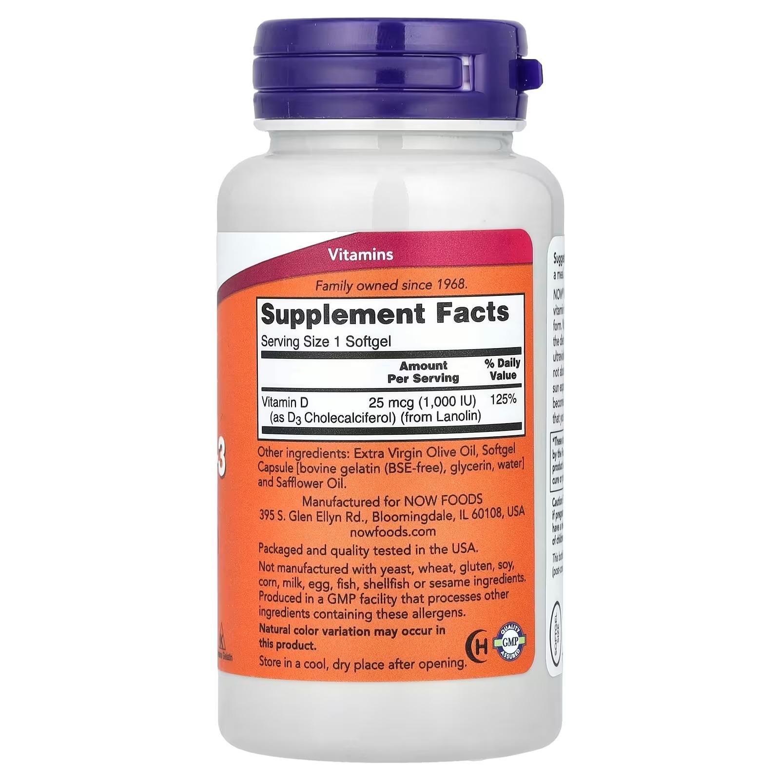 NOW Foods , Vitamin D-3 1,000 IU, High Potency, Structural support 180 Softgels thumbnail 2