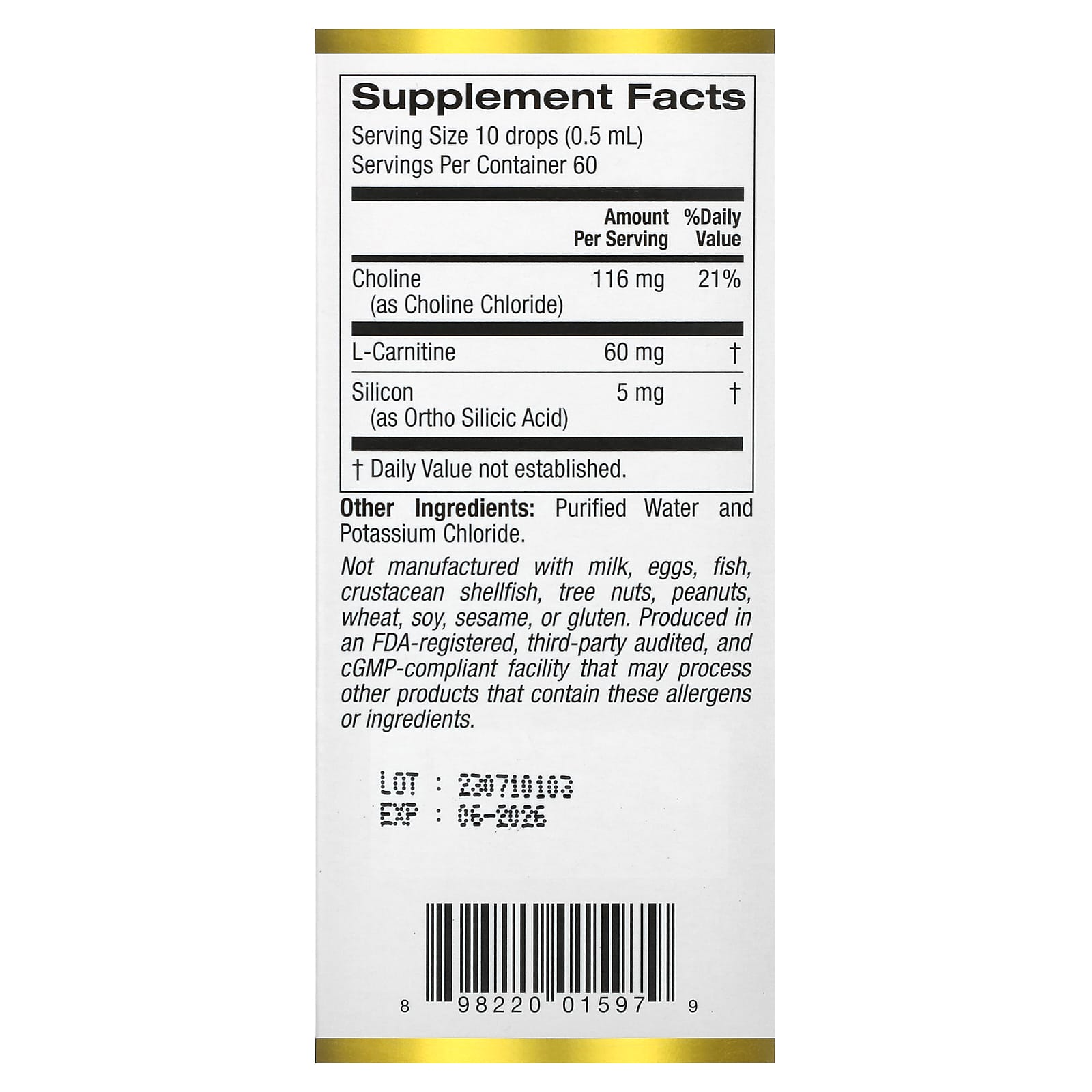 California Gold Nutrition Choline Silica Complex Bioavailable & Stabilised Silicon with Choline & L-Carnitine 30 ml thumbnail 3