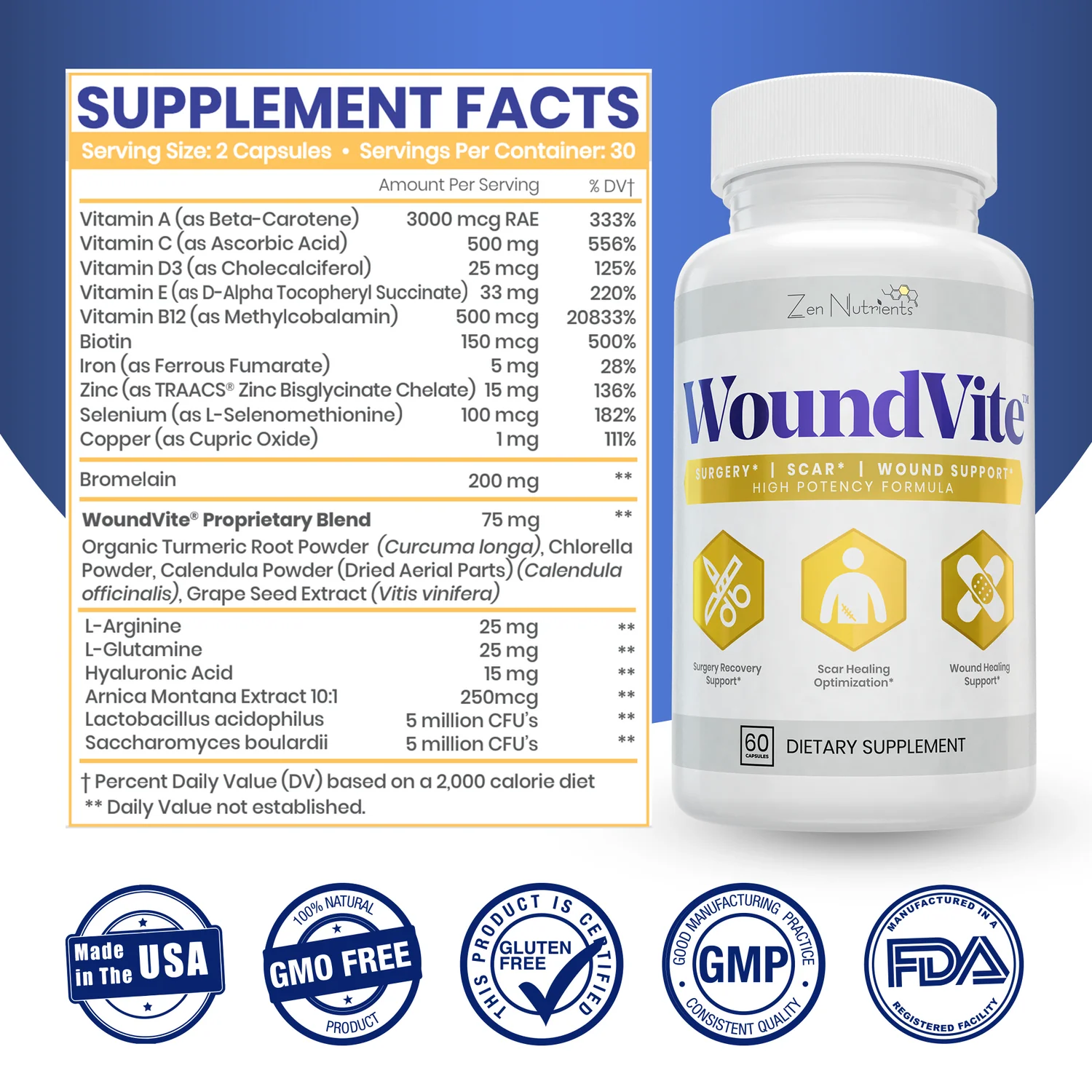 Zen Nutrients WoundVite Pre & Post Surgery Support 60 Vegan Capsules thumbnail 3