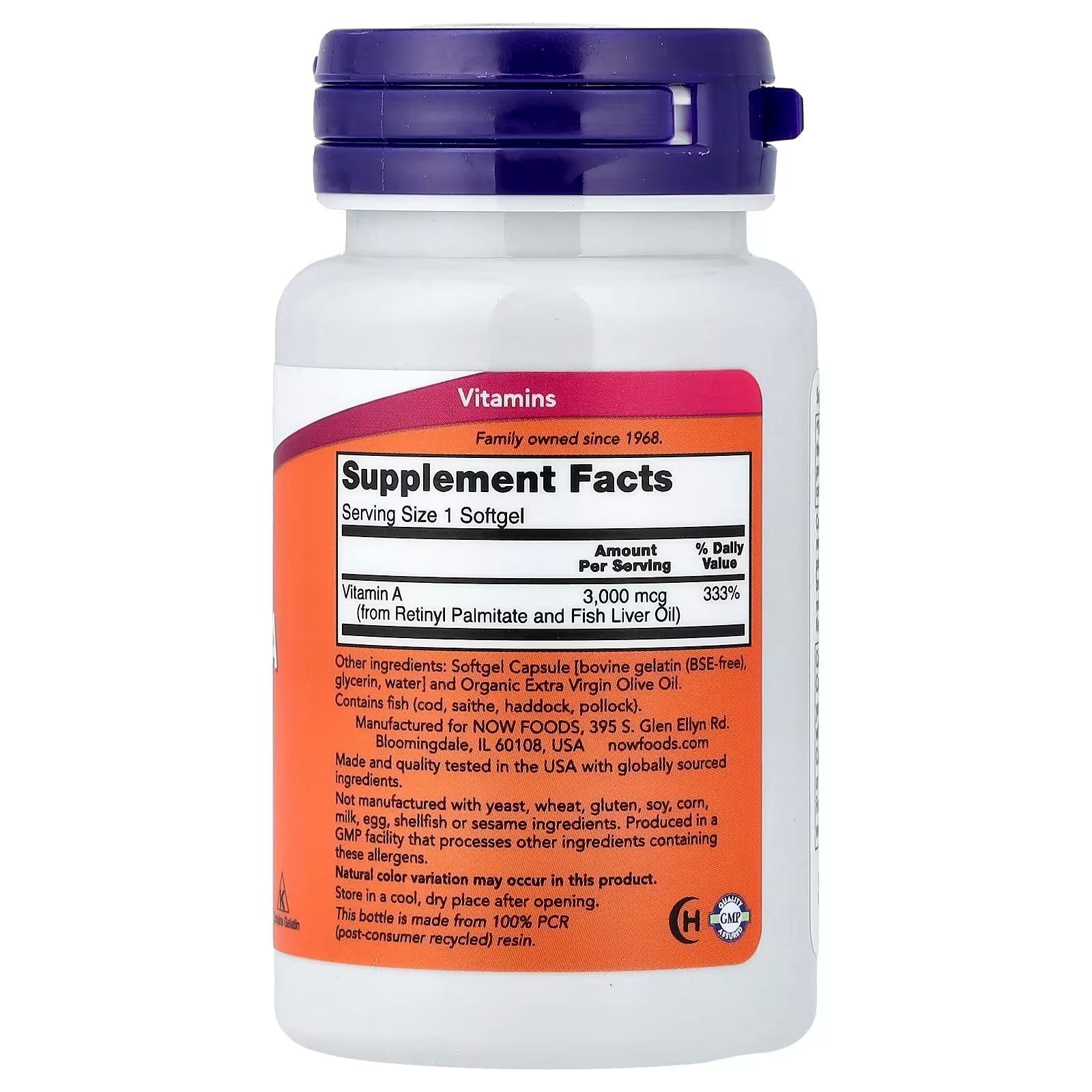 NOW Foods Vitamin A Supports Eye Health and Immune Health 3000 mcg (10000 IU) 100 Softgels thumbnail 2