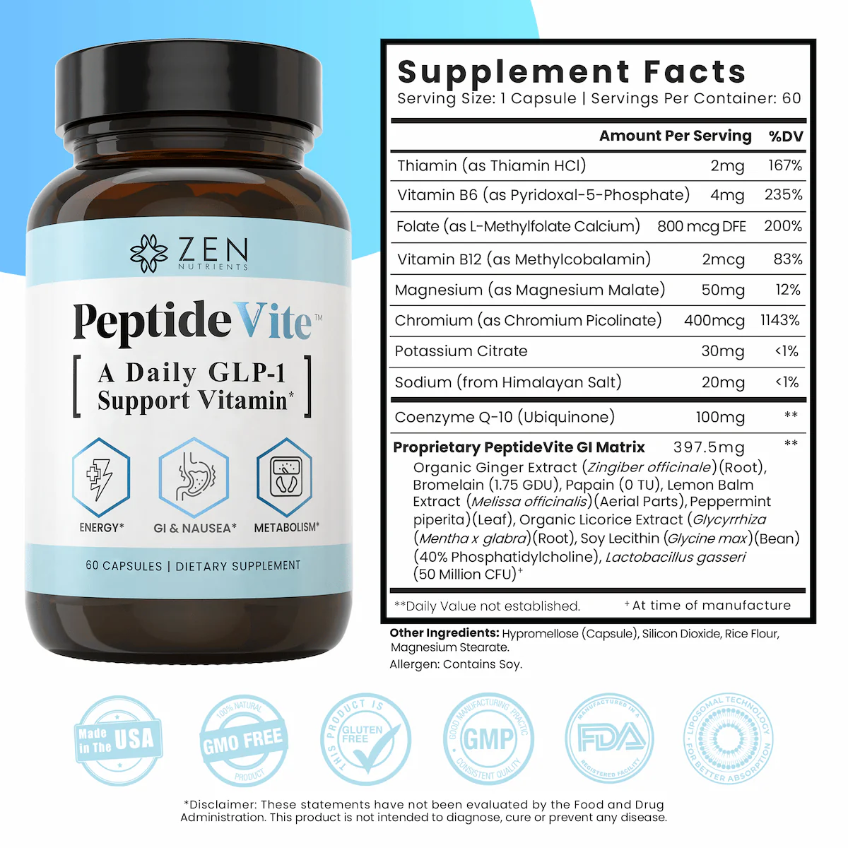 Zen Nutrients PeptideVite GLP-1 Support Vitamin for Gut Health 60 Capsules thumbnail 4