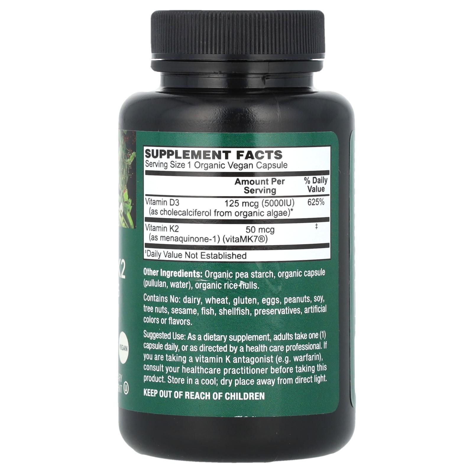 PlantFusion Organic Vegan Vitamin D3+ K2, 5,000 IU 50 mg 60 Capsules thumbnail 2