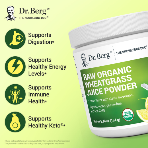 Dr Berg Raw Organic Wheatgrass Juice Powder Organic with Lemon Flavour - 164g
