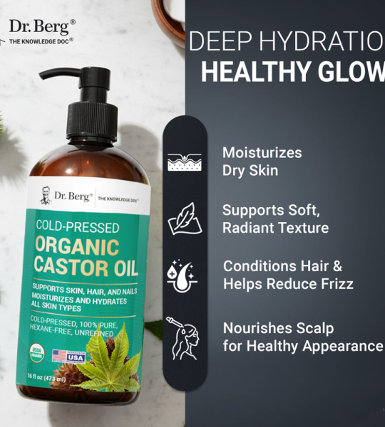 Dr Berg Organic Castor Oil – Cold-Pressed | Supports Skin Hair and Nails | 473ml