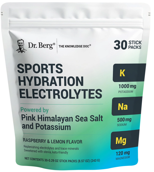 Dr Berg Sports Hydration Electrolytes with Pink Himalayan Sea Salt – Raspberry Lemon – 30 Servings