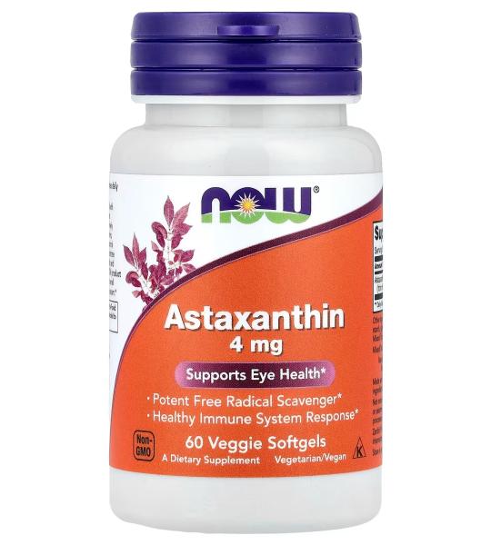 NOW Foods Astaxanthin 4 mg Potent Free Radical Scavenger 60 Veggie Softgels