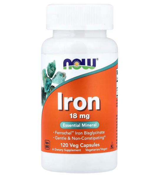 NOW Foods Iron 18 mg Essential Mineral Ferrochel Iron Bisglycinate 120 Veg Capsules