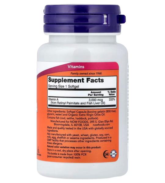 NOW Foods Vitamin A Supports Eye Health and Immune Health 3000 mcg (10000 IU) 100 Softgels