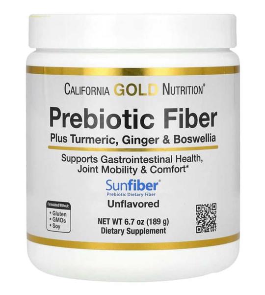 California Gold Nutrition Prebiotic Fiber Plus Turmeric, Ginger & Boswellia Supports Gastrointestinal Health, Joint Mobility & Comfort Unflavored Powder 189g