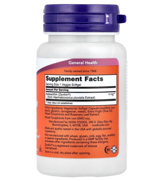NOW Foods Astaxanthin 4 mg Potent Free Radical Scavenger 60 Veggie Softgels