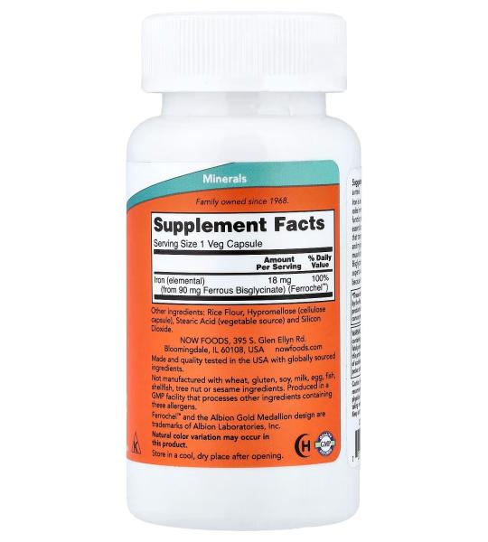 NOW Foods Iron 18 mg Essential Mineral Ferrochel Iron Bisglycinate 120 Veg Capsules