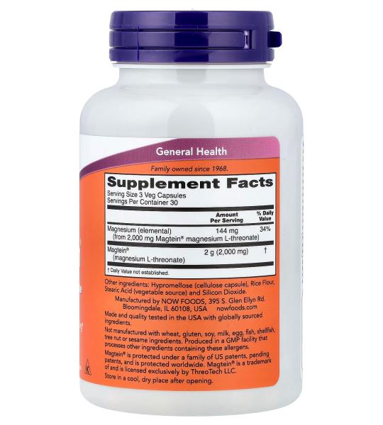 NOW Foods Magtein Magnesium L-Threonate Cognitive Supports 90 Veg Capsules