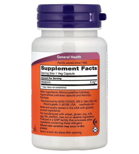 NOW Foods Melatonin 5 mg Free Radical Scavenger Gastrointestinal Support 60 Veg Capsules