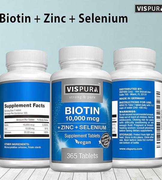 Biotin 10000 Mcg Supplements by Vispura Strong and Pure