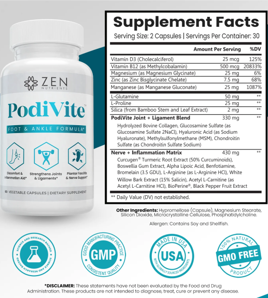 Zen Nutrients PodiVite Plantar Fasciitis Relief & Nerve Function 60 Capsules